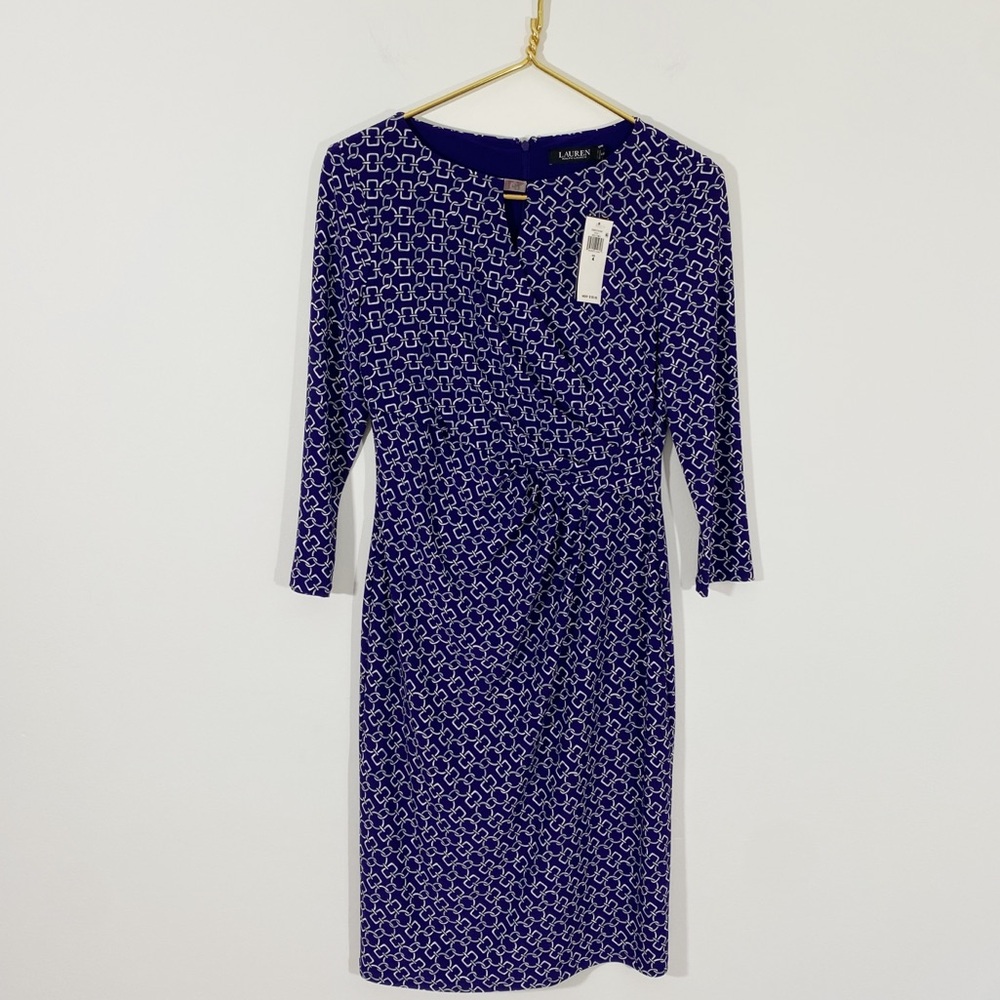 Lauren Ralph Lauren NWT 4‎ Violet Chain Link Print Sheath Dress Gathered Career